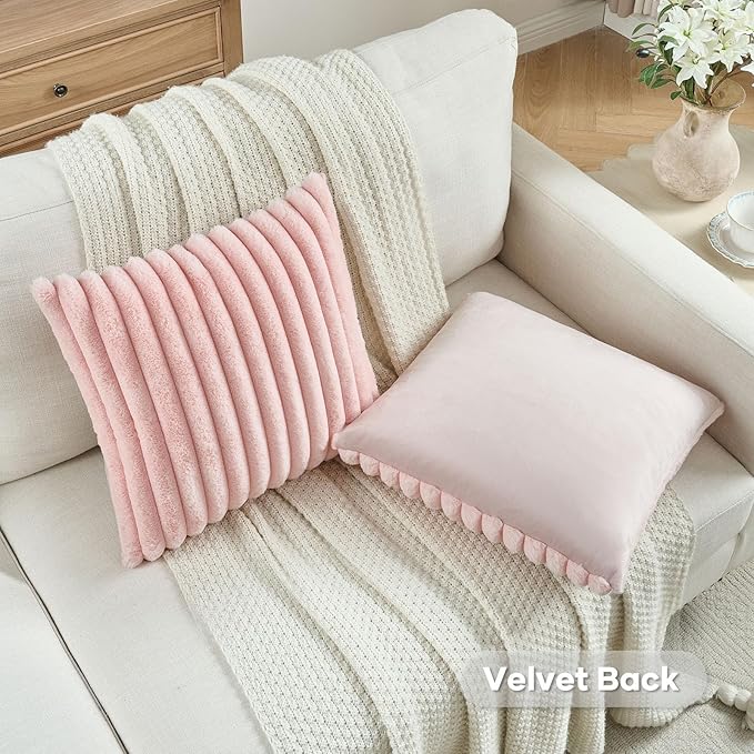 FUTEI Pink Striped Decorative Throw Pillow Covers 16x16 Inch Set of 2,Square Winter Decorations Couch Pillow Case,Soft Cozy Faux Rabbit Fur & Velvet Back,Modern Home Decor for Bed