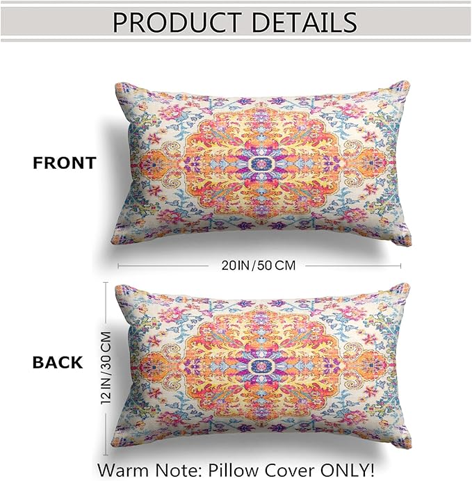 Snycler Orange Blue Ethnic Boho Pillow Covers 12x20 in Boho Carpet Cream Coral Floral Decorative Couch Pillow Cases with Zipper Set of 2 Home Decor for Living Room Bedroom Bed Cushion Outdoor