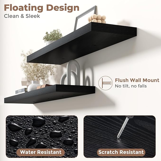 Floating Shelves for Wall with Invisible Brackets, Wall Mounted Engineered Wood Shelves with Wood Grain for Living Room, Bedroom, Bathroom, Kitchen Decor and Storage, Oak, 24"L Set of 2, Black