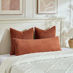 Fancy Homi Set of 2 Rust Boho Decorative Throw Pillow Covers 24x24 Inch for Couch Bed Sofa, Aesthetic Modern Organic Room Decor, Soft Fuzzy Striped Corduroy Cute Terracotta Textured Cushion Case 60cm