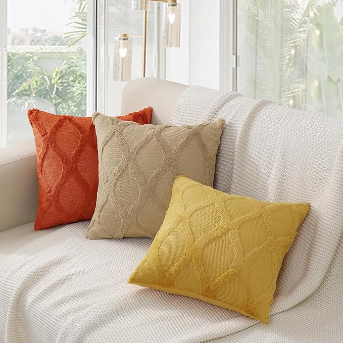 decorUhome Fall Throw Pillow Covers 24x24 Inch Set of 2, Soft Plush Faux Fur Wool Rust Couch Pillow Covers, Decorative Neutral Pillow Cases for Bed Sofa Living Room Home Decor