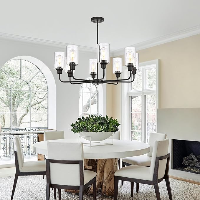 VINLUZ 8-Light Oil-Rubbed Chandelier with Clear Glass Shades, E26 Base Modern Pendant Light Fixture, Adjustable Swivel Heads Ceiling Lighting, Farmhouse Chandelier for Dining Room Kitchen Hallway