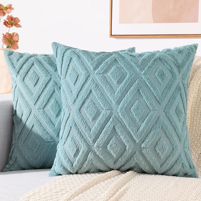 decorUhome Couch Throw Pillow Covers 16x16 Set of 2, Decorative Soft Plush Faux Wool Neutral Accent Pillow Covers for Bed Sofa Living Room, Light Teal