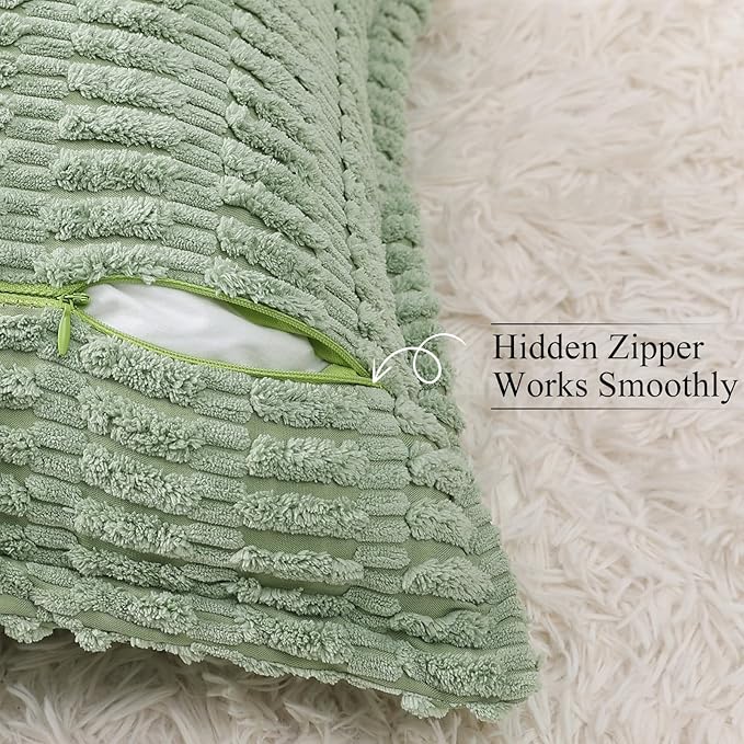 decorUhome Decorative Sage Green Throw Pillow Covers 22x22 Set of 2 with Splicing, Boho Soft Neutral Corduroy Broadside Twill Pillow Covers for Couch Bed Sofa Living Room