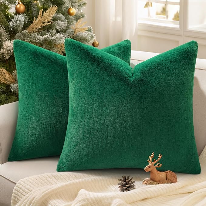 Pallene Faux Fur Plush Christmas Throw Pillow Covers 22x22 Set of 2, Soft Fluffy Couch Pillow Covers for Living Room, Christmas Green