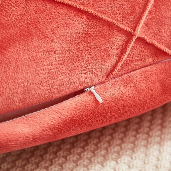 JAUXIO Diamond Pinch Pleated Crystal Velvet Pillowcases 2 Pack Solid Pintuck Throw Cushion Cover for Home Decor Hidden Zipper Closure (Coral Orange, King)