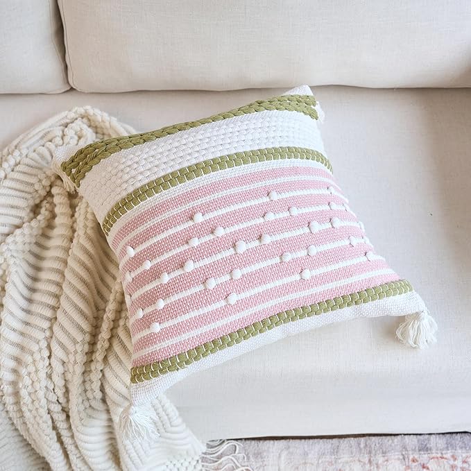 18x18 Boho Pink and Green Decorative Pillow Cover with Cording and Tassels Handmade Accent Woven Textured Square Throw Pillow Case for Couch Sofa Farmhouse Living Room Home Decor