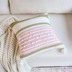 18x18 Boho Pink and Green Decorative Pillow Cover with Cording and Tassels Handmade Accent Woven Textured Square Throw Pillow Case for Couch Sofa Farmhouse Living Room Home Decor
