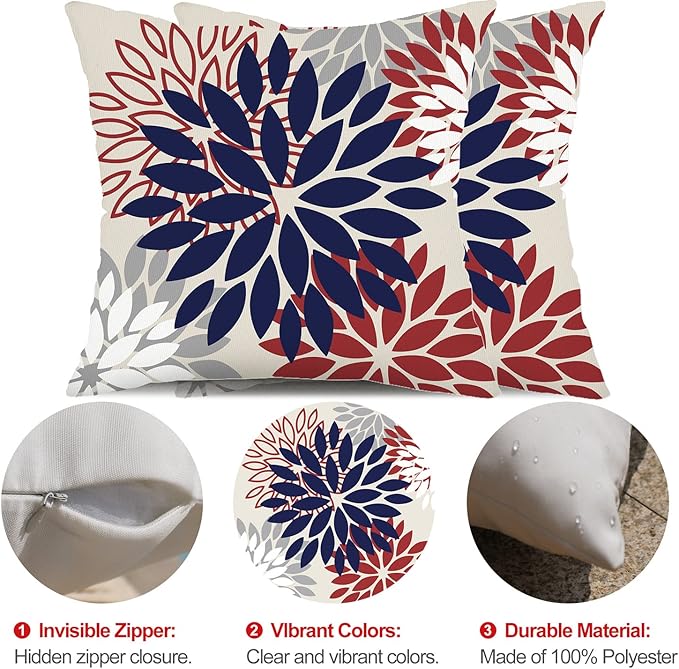 DFXSZ 4th of July Pillow Covers 18x18 Inch Set of 2 Patriotic Blue Red Floral Outdoor Waterproof Decorative Throw Pillows Polyester Pillow Covers Decor for Patio Funiture Garden Couch 002H18