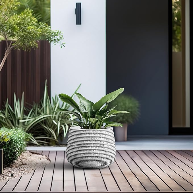 Kante 12.5" Dia Round Fluted Planter with Surface Indentations, Large Flower Pot with Drainage Hole for Indoor & Outdoor Plants, White Finish with Aqua Blue Interior