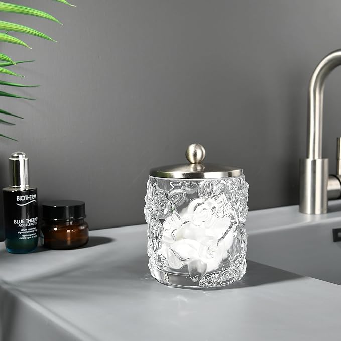 Home Glass Cotton Jar Holder Nickel Lid, Elegant Bathroom Storage Canister for Qtips, Cotton Balls, Floss, Makeup Organizer, Vanity Bathroom Organization (UPDATED NICKEL)
