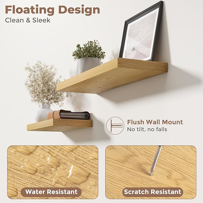Floating Shelves for Wall with Invisible Brackets, Wall Mounted Engineered Wood Shelves with Wood Grain for Living Room, Bedroom, Bathroom, Kitchen Decor and Storage, Oak, 8"L Set of 3, Oak