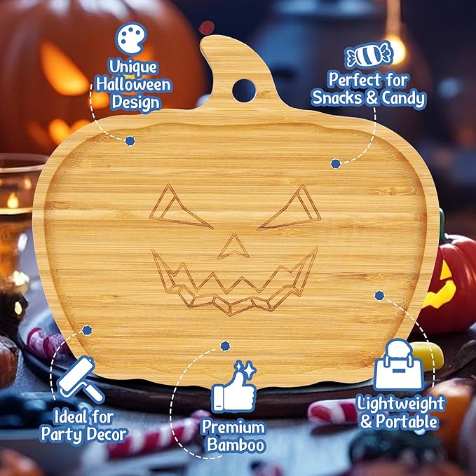TJ POP Halloween Pumpkin Serving Platter - Spooky Pumpkin Charcuterie Board | 10” x 9” Bamboo Serving Tray | Natural Wood Appetizer Platter for Candy, Snacks, Desserts, Festive Decor & Food Display