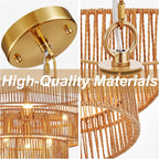 Boho Rattan Chandelier Farmhouse 6-Lights Hand-Woven Bamboo Chandelier Light Fixture Vintage Rustic Wicker Rattan Golden Chandeliers for Dining Room, Bedroom, Kitchen, Living Room, E12