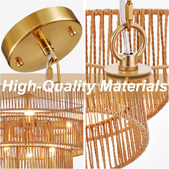 Boho Rattan Chandelier Farmhouse 6-Lights Hand-Woven Bamboo Chandelier Light Fixture Vintage Rustic Wicker Rattan Golden Chandeliers for Dining Room, Bedroom, Kitchen, Living Room, E12
