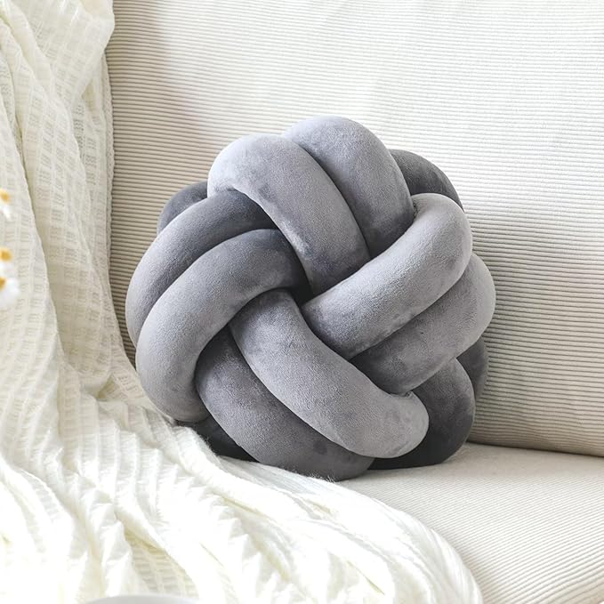 Knot Pillow Ball, Soft Decorative Throw Pillows Cushion, 11 Inch Round Plush Knotted Pillows Dark Gray Pillow, Modern Home Throw Knot Decorative Cushion for Bedroom, Sofa, Couch