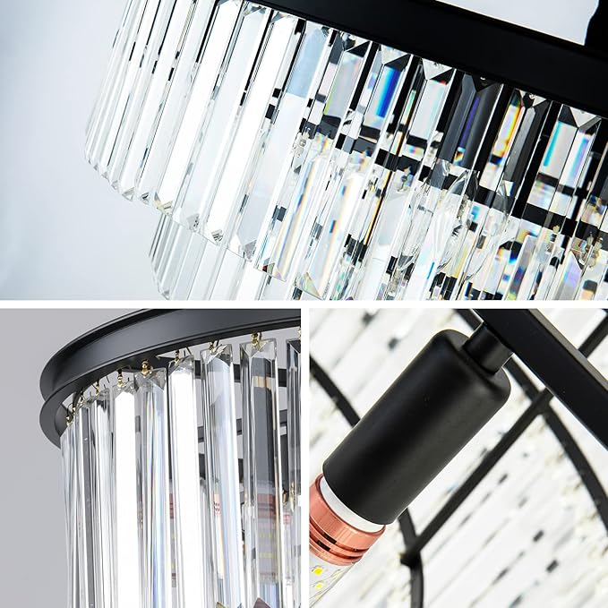 Black Modern Crystal Chandelier, 4-Tier Round Flush Mount Ceiling Light Fixtures Height Adjustable Pendant Lighting for Dining Room Living Room Bedroom Kitchen Hotel Foyer