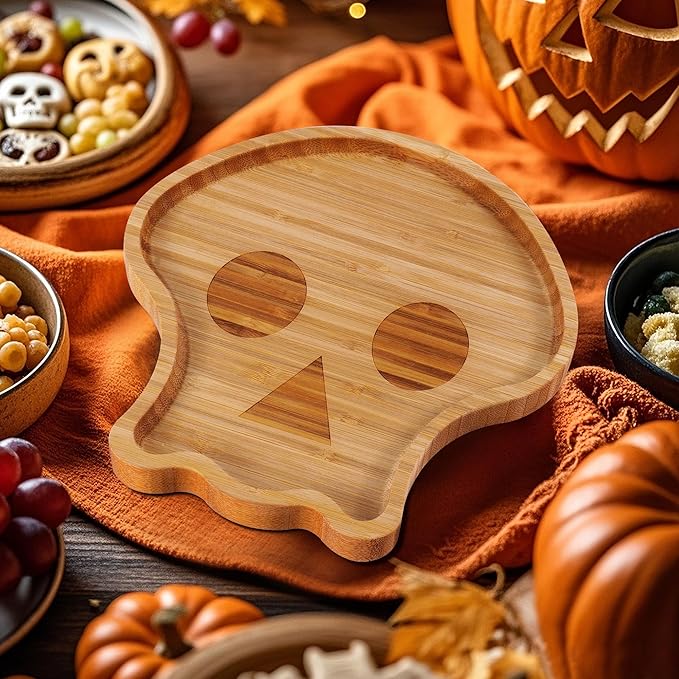 WILLKOMMEN Halloween Serving Tray, Skull Shaped Charcuterie Board, Bamboo Serving Platter 10" x 9" for Party Child Spooky Appetizer Board Serving Dish for Cheese,Snacks,Candy,Cookies