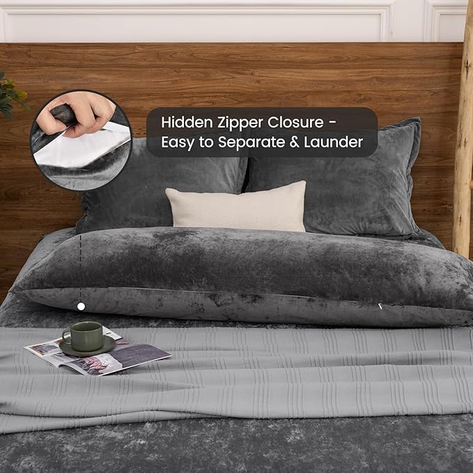 PHF Truly Velvet Zippered Body Pillowcase, No Insert, 1 Pack Ultra Soft Breathable Pillow Sham Cover with Zipper, 20"X 54" Long Luxury Cozy Warm Fuzzy Flannel Body Pillow Case, Charcoal/Dark Grey