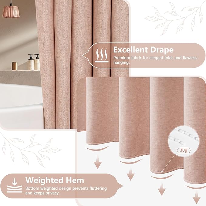 Blush Pink Faux Linen Textured Shower Curtain Water-Resistant, Heavyweight Fabric Shower Curtain Washable, 72 x 72 Inch Dusty Rose Pastel Classy Shower Curtains for Girly Bathroom