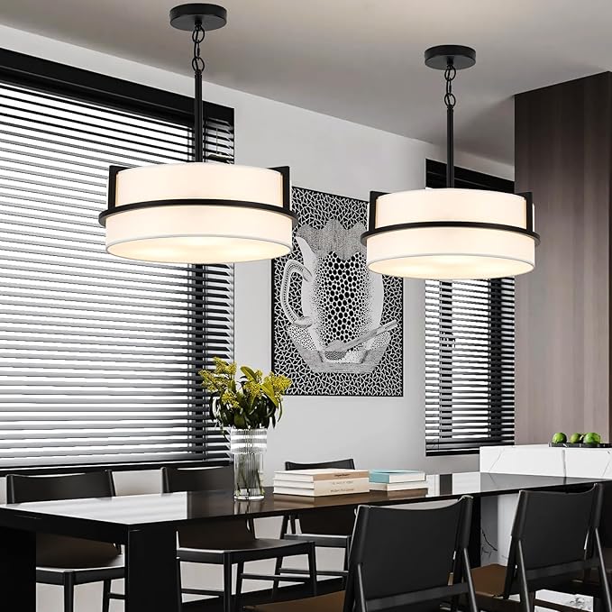 Modern Drum Chandelier for Dining Room 3 Light,15.7" Wide White Linen Drum Shade Ceiling Light Fixture,Pendant Lighting with Adjustble Hang Height Chandelier for Kitchen Islands Living Bedroom