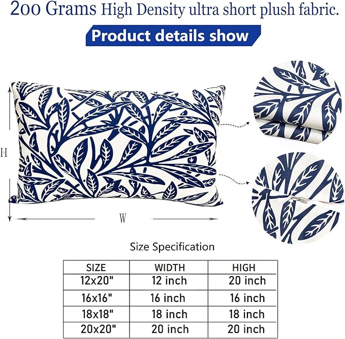 Decorative Throw Pillow Covers Set of 2 Blue Pillow Covers 12x20 inch Soft Short Plush Floral Throw Pillow Cases Square Farmhouse Outdoor Pillow Covers for Couch Sofa Bedroom Living Room