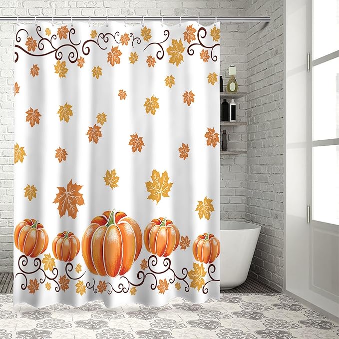 Vandarllin Fall Maple Leaves Shower Curtain, Thanksgiving Watercolor Pumpkins Shower Curtains Set with Hooks, Orange Waterproof Fabric Bathroom Decor Home Accessories, Stall Long 36 X 78 Inch