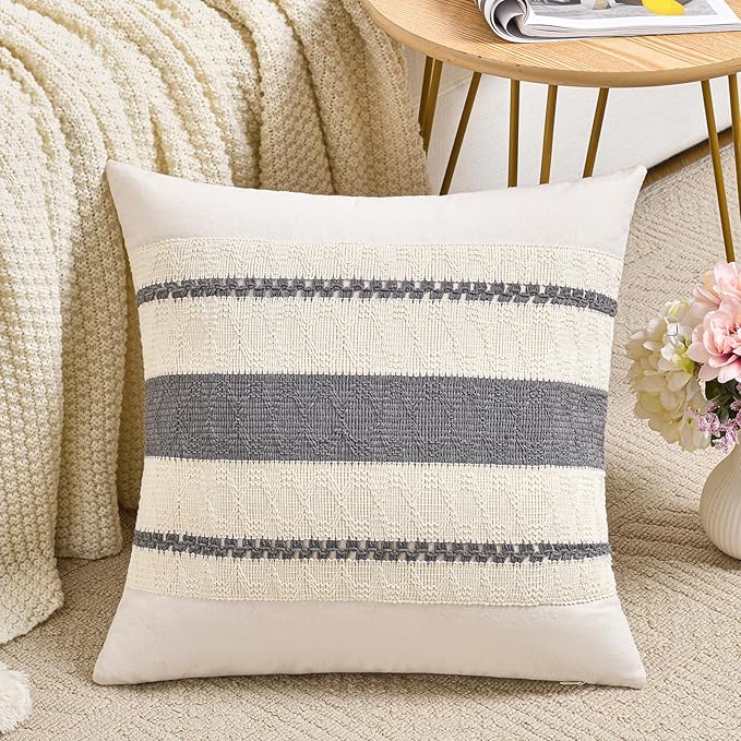 Fancy Homi Set of 1 Neutral Grey Farmhouse Euro Decorative Throw Pillow Covers 26x26 Inch for Couch Bed Chair, Vintage Country Rustic Retro Room Decor, Soft Thick Cotton Handmade Woven Cushion Case