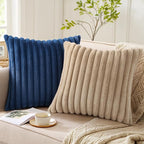 Pallene Faux Fur Plush Throw Pillow Covers 26x26 Set of 2, Luxury Soft Fluffy Striped Decorative Pillow Covers for Sofa, Couch, Living Room, Navy Blue