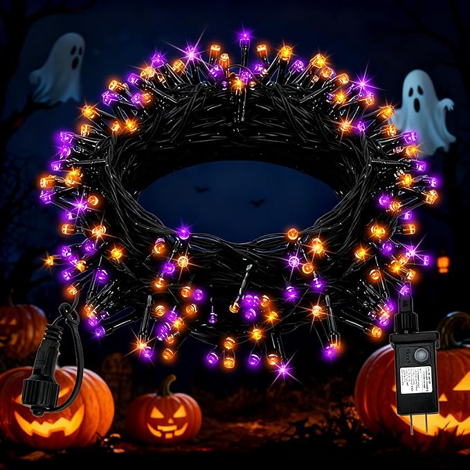 Halloween String Lights Plug in,33FT 100 LED String Lights with 8 Modes & Timer, Halloween Decorations for Party Carnival Supplies, Outdoor Indoor Yard Garden Decor, Purple & Orange