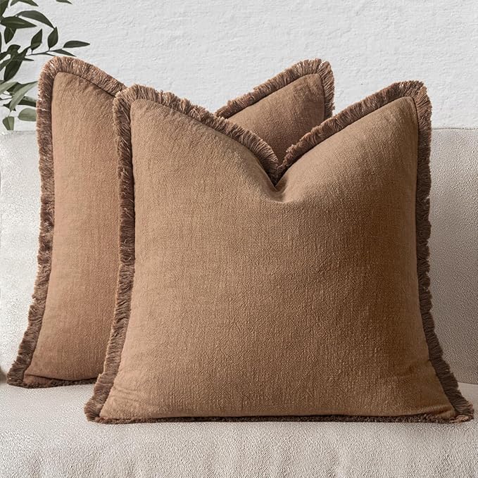 MIULEE Decorative Throw Pillow Covers Neutral Linen Fringe Throw Pillows Set of 2 Brown Boho Farmhouse Cushion Covers with Tassels for Couch Sofa Bed Living Room Spring Home Decor 16x16 Inch