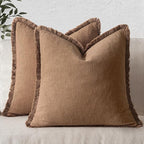 MIULEE Decorative Throw Pillow Covers Neutral Linen Fringe Throw Pillows Set of 2 Brown Boho Farmhouse Cushion Covers with Tassels for Couch Sofa Bed Living Room Spring Home Decor 16x16 Inch