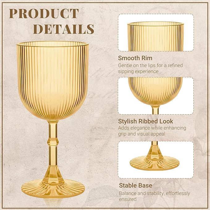 Plastic Wine Glasses 9oz Set of 24, Gold Ribbed Vintage Goblets Unbreakable Reusable BPA-Free Stemmed Drinking Glasses for Parties, Weddings & Events