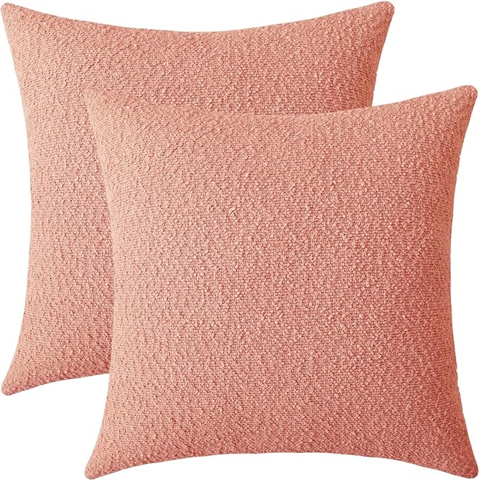 Jeneoo Coral Pink Decorative Square Thick Throw Pillow Covers Fine Textured Boucle Couch Cushion Cases for Sofa Decor, Set of 2, 20 x 20 Inch