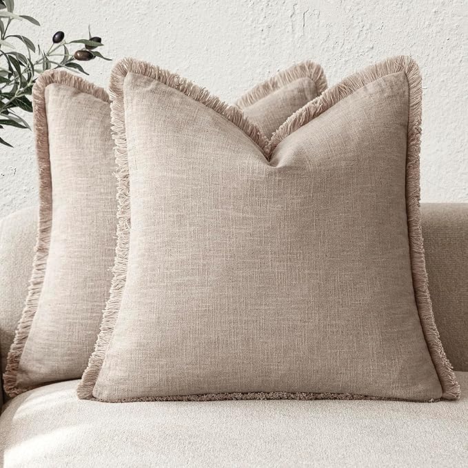 Foindtower Set of 2 Decorative Linen Fringe Throw Pillow Covers Farmhouse Cushion Cover with Tassels Soft Accent Pillowcase for Couch Chair Sofa Bed Living Room Home Decor,20×20 Inch,Natural Linen