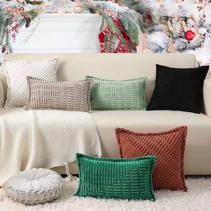 decorUhome Decorative Christmas Green Throw Pillow Covers 26x26 Set of 2 with Splicing, Boho Soft Neutral Corduroy Broadside Twill Pillow Covers for Couch Bed Sofa Living Room