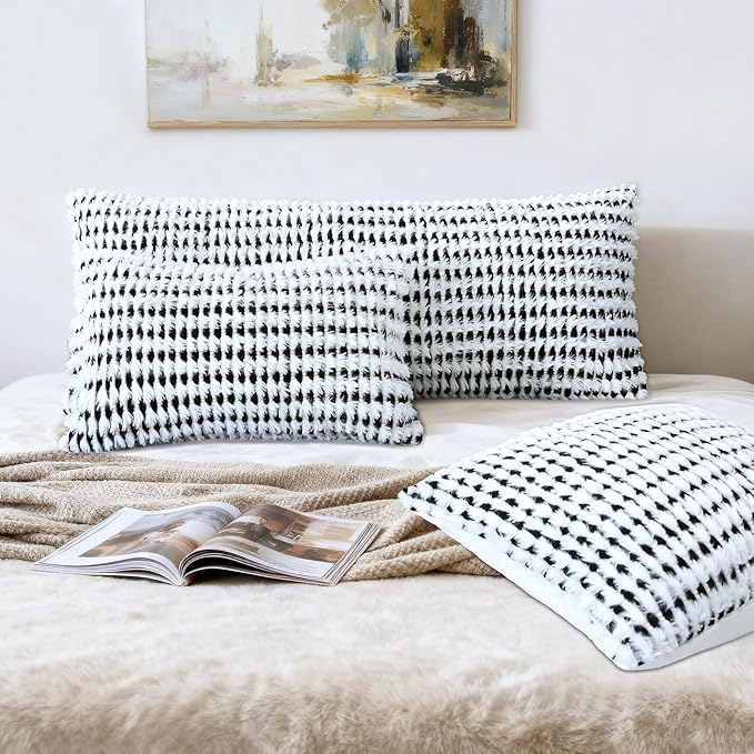 Boho Chenille Tufted Pillow Cover 14x36 Inch Set of 1, Farmhouse Striped Decorative Pillow Covers Accent Fluffy Neutral Long Body Bolster Pillow for Couch Sofa Bedroom Living Room, Black White