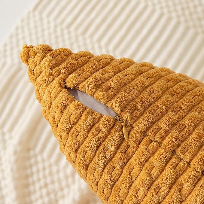 Kevin Textile Throw Pillow Covers Soft Corduroy Decorative Set of 2 Boho Striped Pillow Covers Pillowcases Farmhouse Home Decor for Couch Bed Sofa Living Room 22x22 Inch Golden Yellow