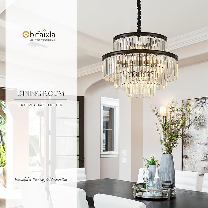 21.6" 14-Light Modern Crystal Chandelier Light Fixtures 4-Tier Black Luxury Chandeliers for Dining Room Round Hanging Pendant Lighting for Living Room Kitchen Entryway Bedroom Foyer Hallway