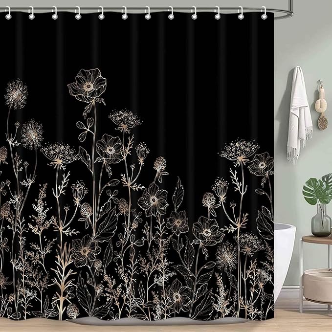 Black and Gold Vintage Boho Shower Curtain Set 72X72 Inch Black Tan Cream Floral Aesthetic Dark Wildflower Botanical Design Farmhouse Plant Art Chic Bathroom Decor
