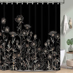 Black and Gold Vintage Boho Shower Curtain Set 72X72 Inch Black Tan Cream Floral Aesthetic Dark Wildflower Botanical Design Farmhouse Plant Art Chic Bathroom Decor