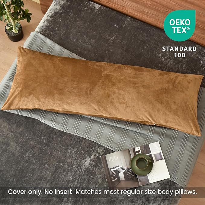 PHF Super Soft Velvet Zippered Body Pillowcase, No Insert, 1 Pack Luxury Cozy Warm Pillow Sham Cover with Zipper, 20"X 54" Long Cozy Fuzzy Flannel Pillow Case, Brownish Camel