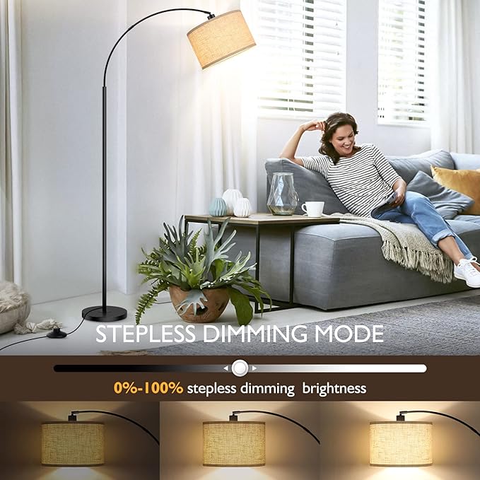 Arc Floor Lamps for Living Room, Modern Remote Control Standing Lamp with Stepless Dimmable, Black Tall Floor Lamp,Over Couch Arched Reading Light for Bedroom, Office(Bulb Included)