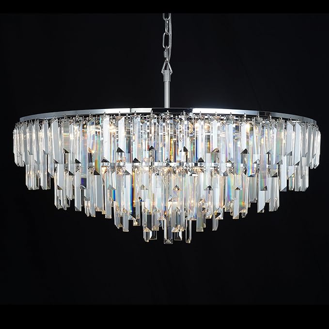 Modern Round Top K9 Crystal Chandelier, 13 Lights, Adjustable Hanging Lamp, Chrome, Living Room, Dining Room, W31, L6.6xW33xH33