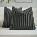 FUTEI Dark Grey Striped Decorative Throw Pillow Covers 24x24 Inch Set of 2,Square Winter Decorations Couch Pillow Case,Soft Cozy Faux Rabbit Fur & Velvet Back,Modern Home Decor for Bed