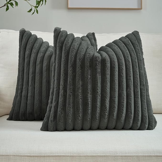 FUTEI Dark Grey Striped Decorative Throw Pillow Covers 18x18 Inch Set of 2,Square Winter Decorations Couch Pillow Case,Soft Cozy Faux Rabbit Fur & Velvet Back,Modern Home Decor for Bed
