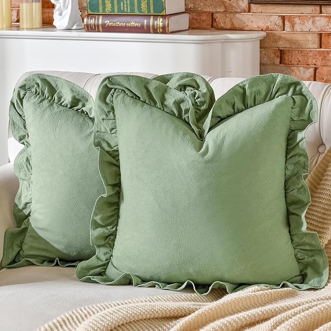 AmHoo Pack of 2 Throw Pillow Covers 100% Cotton Pre Washed Ruffle Decorative Pillowcase Cushion for Couch Sofa Bedroom 24 x 24-Inch Sage Green