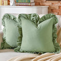 AmHoo Pack of 2 Throw Pillow Covers 100% Cotton Pre Washed Ruffle Decorative Pillowcase Cushion for Couch Sofa Bedroom 16 x 16-Inch Sage Green