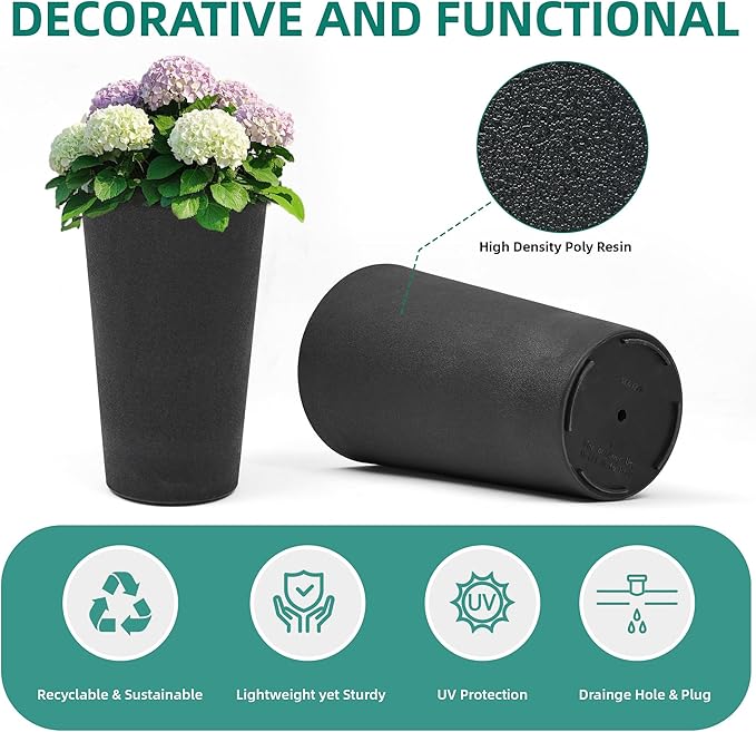 24" Set of 2 Tall Resin Outdoor Planters, Heavy-Duty Resin Flower Pots, Matte Black Leather Grain Finish, Durable & Weather-Resistant, Ideal for Garden, Patio, Yard, Porch, or Indoor Décor