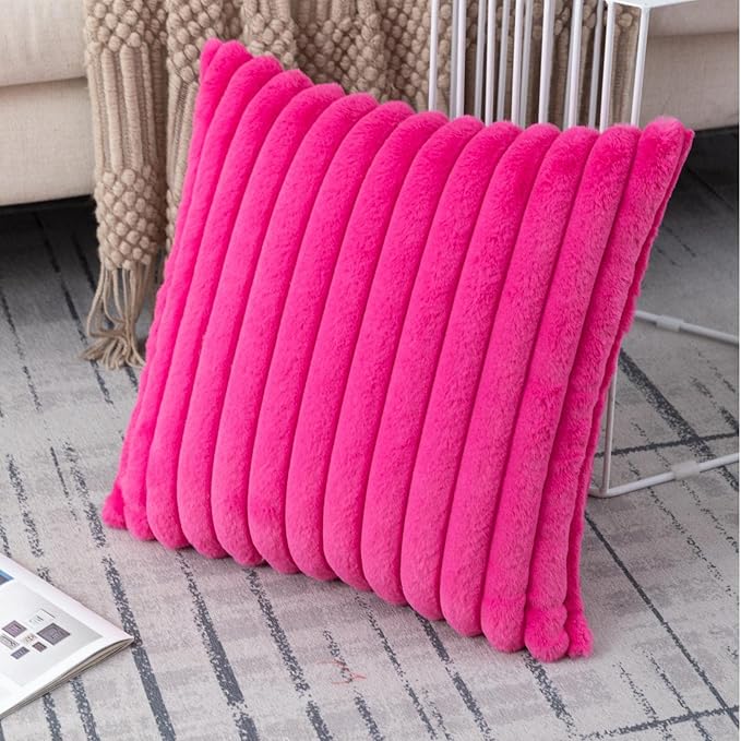 ZLINA Set of 2 Hot Pink Faux Fur Decorative Throw Pillow Covers Fluffy Striped Pillowcase Cushion Covers 20 x 20 Inch Decor Sofa Couch Bedroom